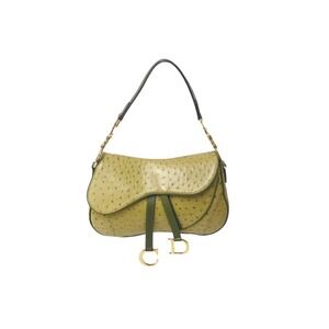 Christian Dior Double Saddle Bag Lime Green Ostrich Leather Hardware